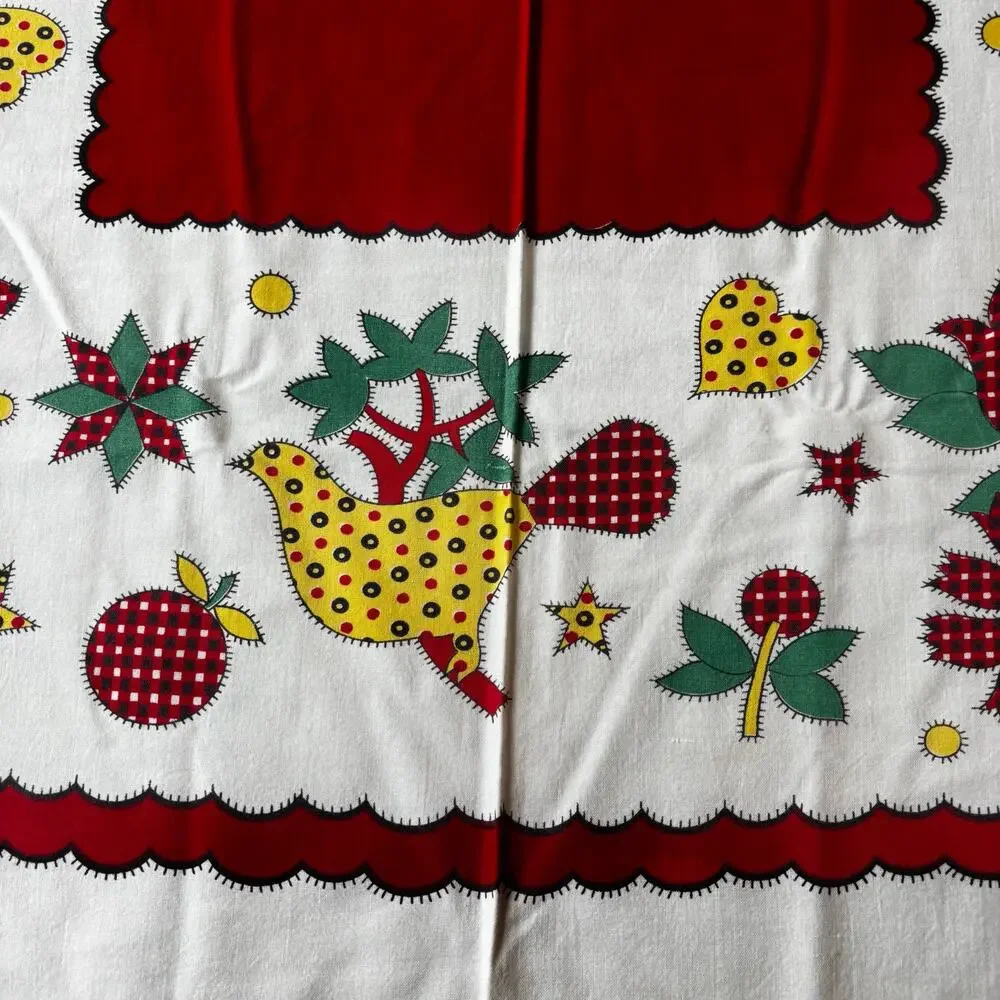 Vintage printed cotton square tablecloth farmhouse cottage yellow green FLAW